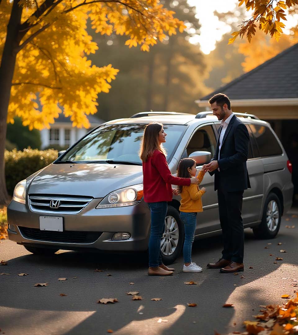 Eine Familie übergibt ein Auto an einen Händler beim Autoankauf Dresden vor dem Haus